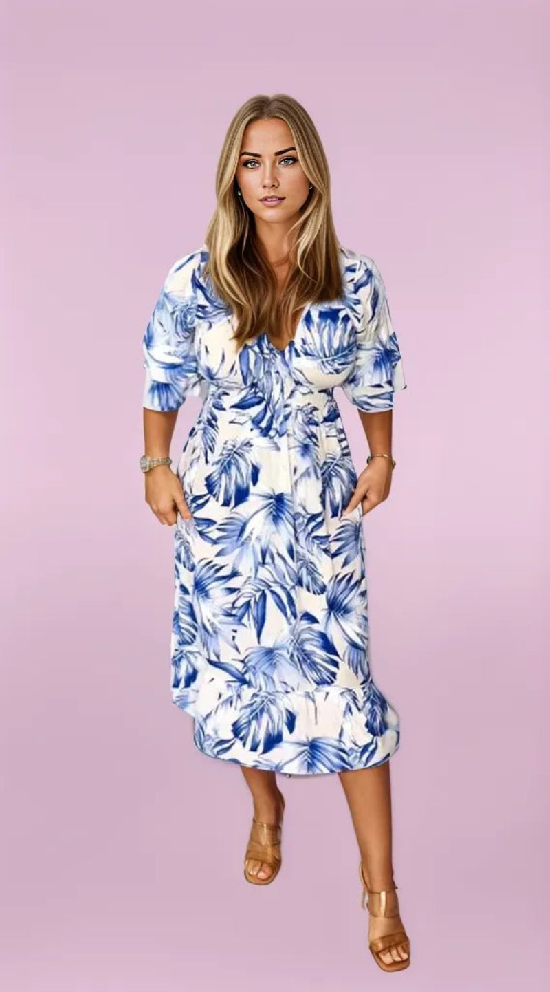 Stylish Midi Dress with Elegant Leaf Print for Women