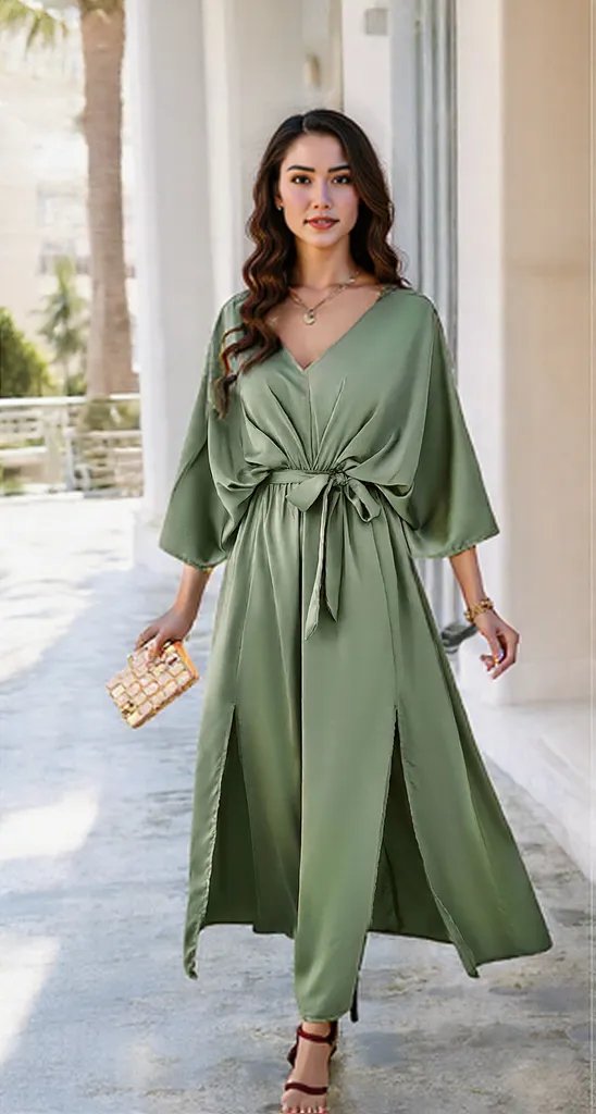 Scarlett | Coastal Chic V-Neck Dress with Slit and Tied Sleeves