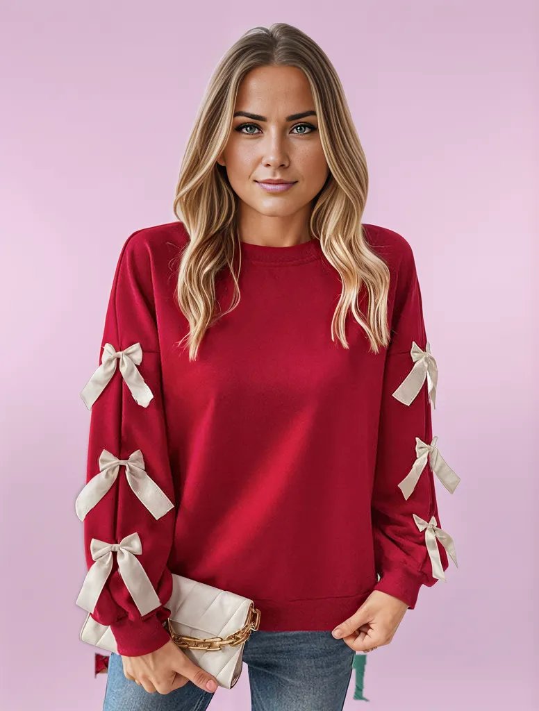 Crimson Chic Bow-Sleeve Knit Sweater