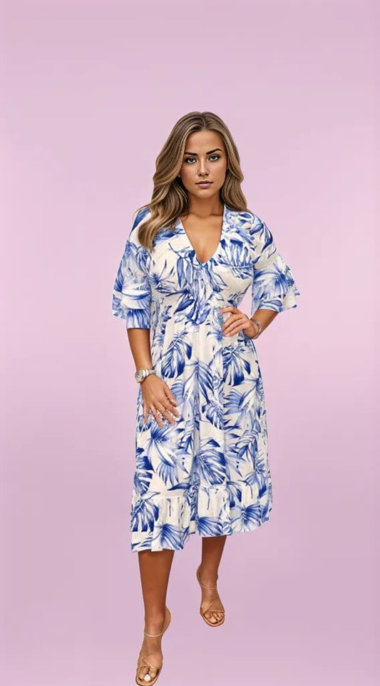 Stylish Midi Dress with Elegant Leaf Print for Women