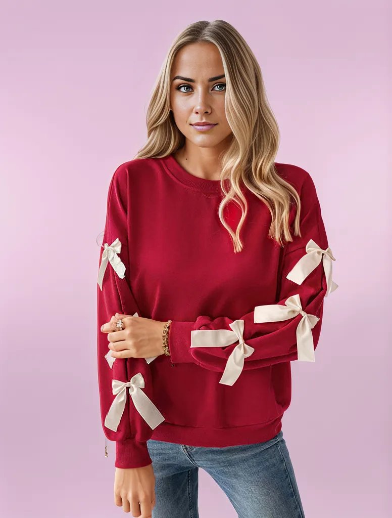 Crimson Chic Bow-Sleeve Knit Sweater