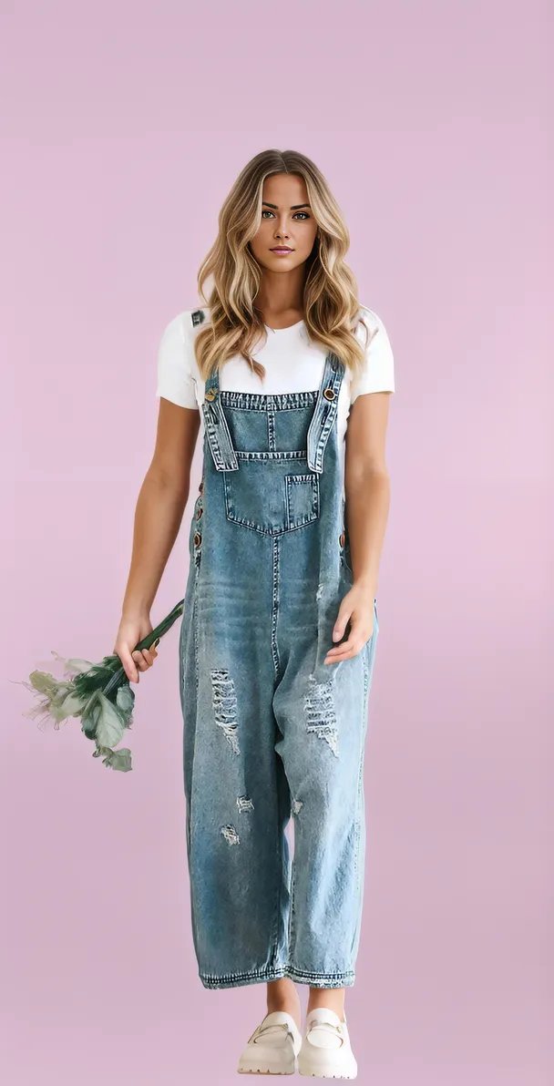 Casual Ripped Denim Overalls with a Relaxed Fit