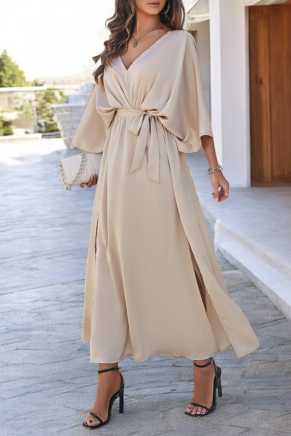 Scarlett | Coastal Chic V-Neck Dress with Slit and Tied Sleeves