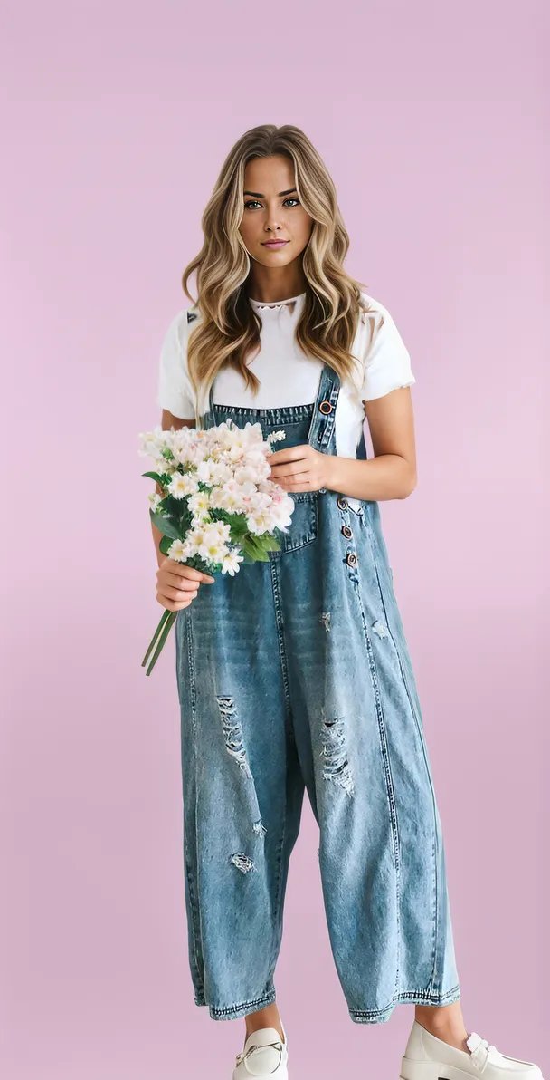 Casual Ripped Denim Overalls with a Relaxed Fit