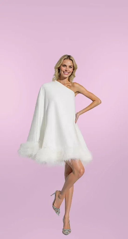 Eve | One-Shoulder Mini Dress with Feather Accents