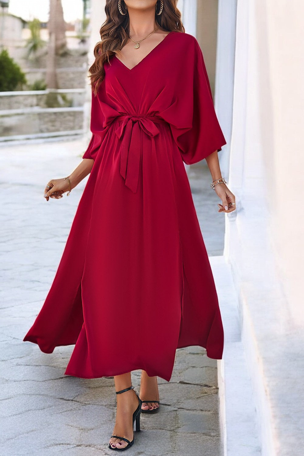 Scarlett | Coastal Chic V-Neck Dress with Slit and Tied Sleeves