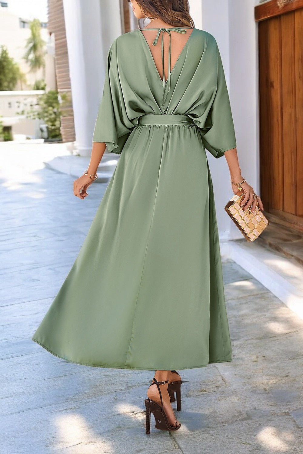 Scarlett | Coastal Chic V-Neck Dress with Slit and Tied Sleeves