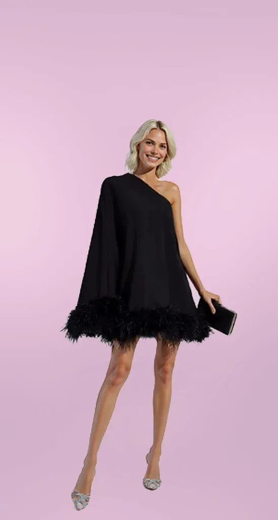 Eve | One-Shoulder Mini Dress with Feather Accents