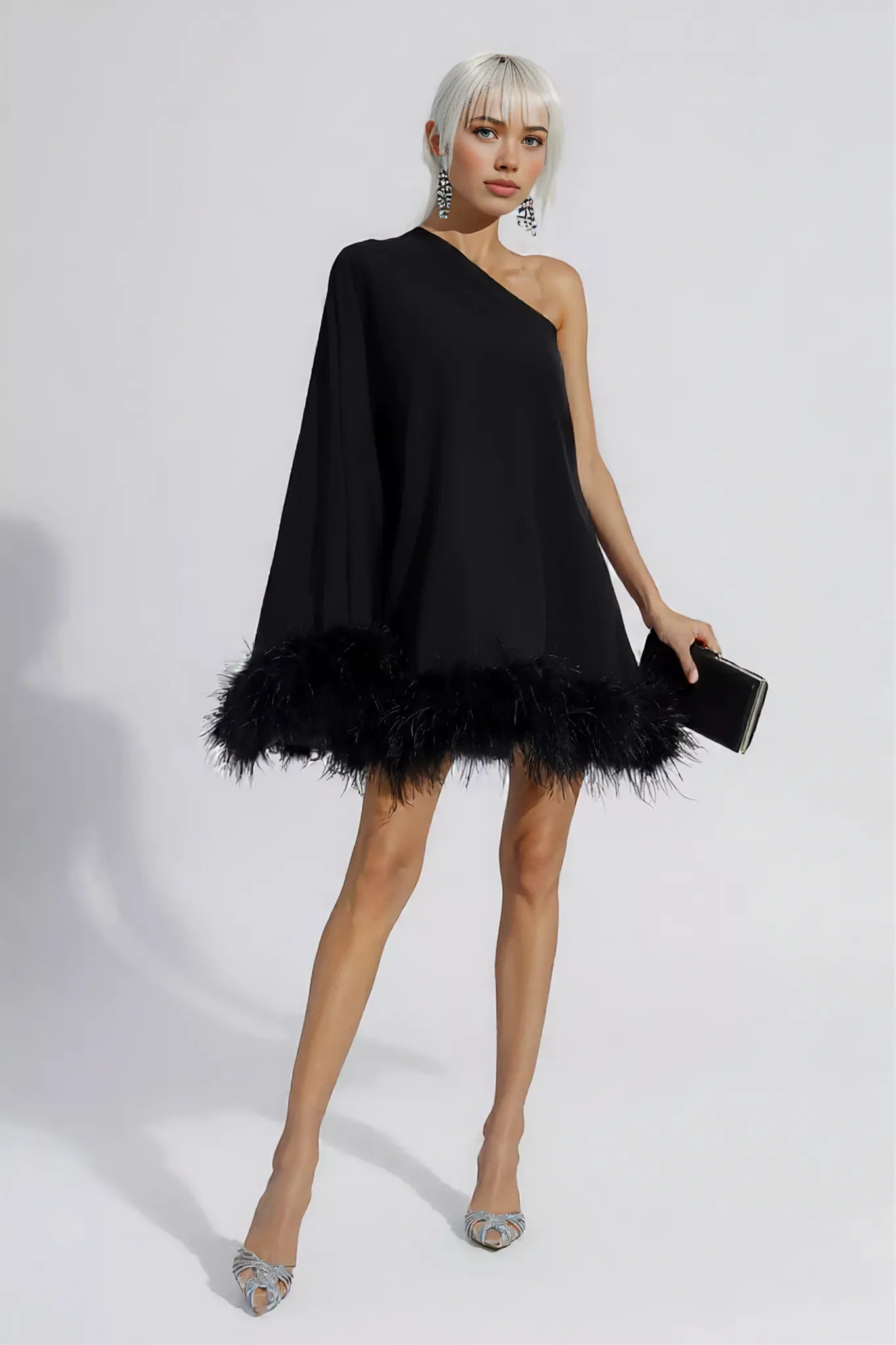 Frankie | Feather-Embellished One-Shoulder Mini Dress