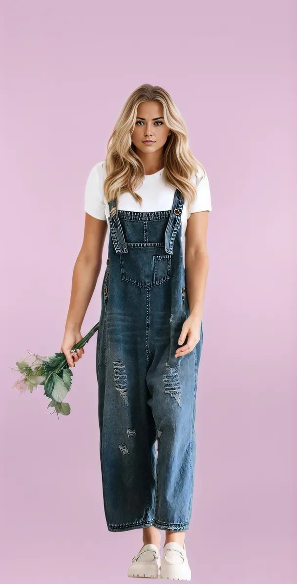 Casual Ripped Denim Overalls with a Relaxed Fit