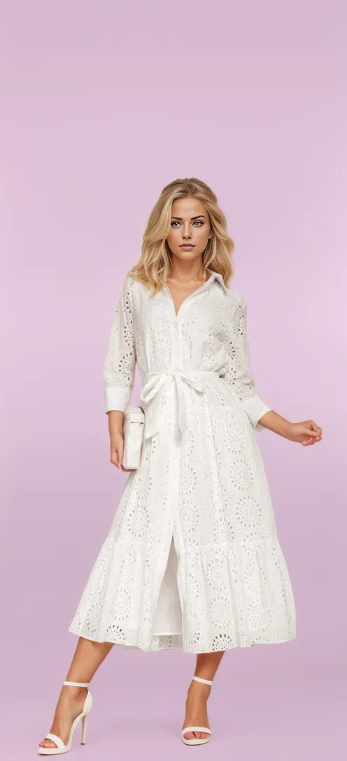 Embroidered White Midi Dress with Long Sleeves