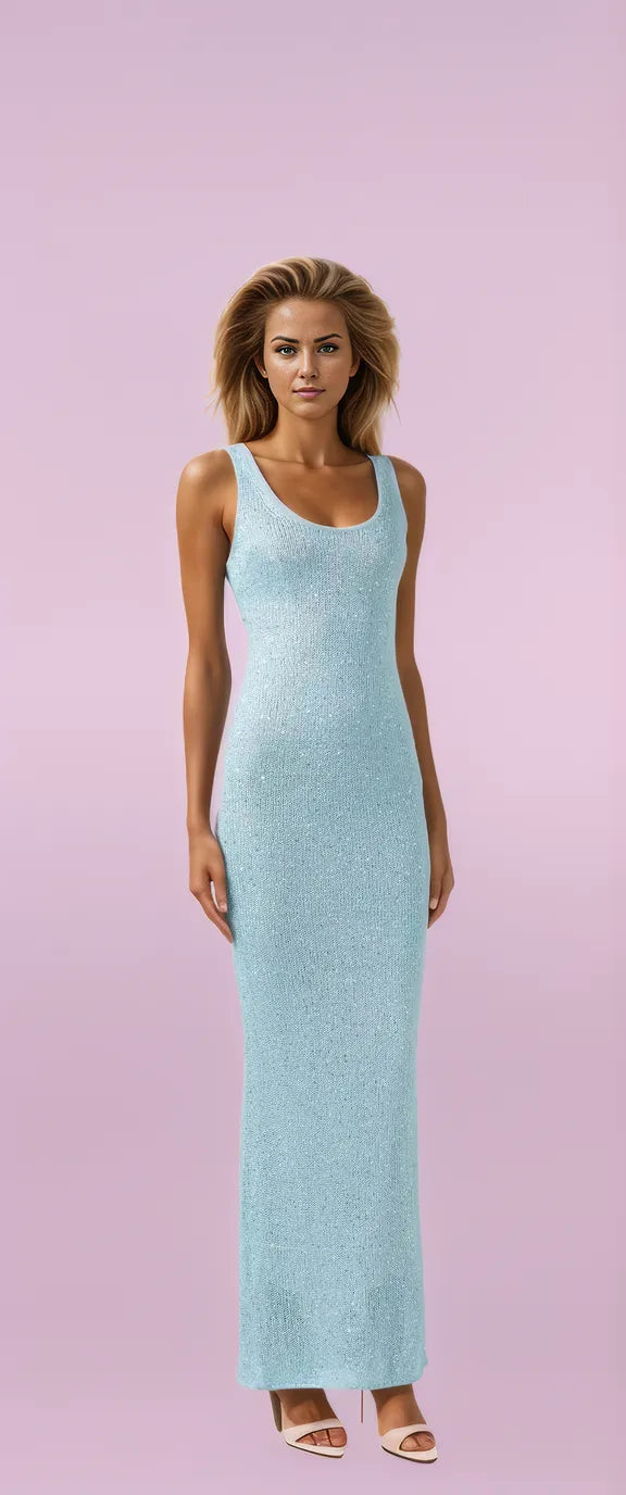 Sequin-Embellished Light Blue Maxi Dress