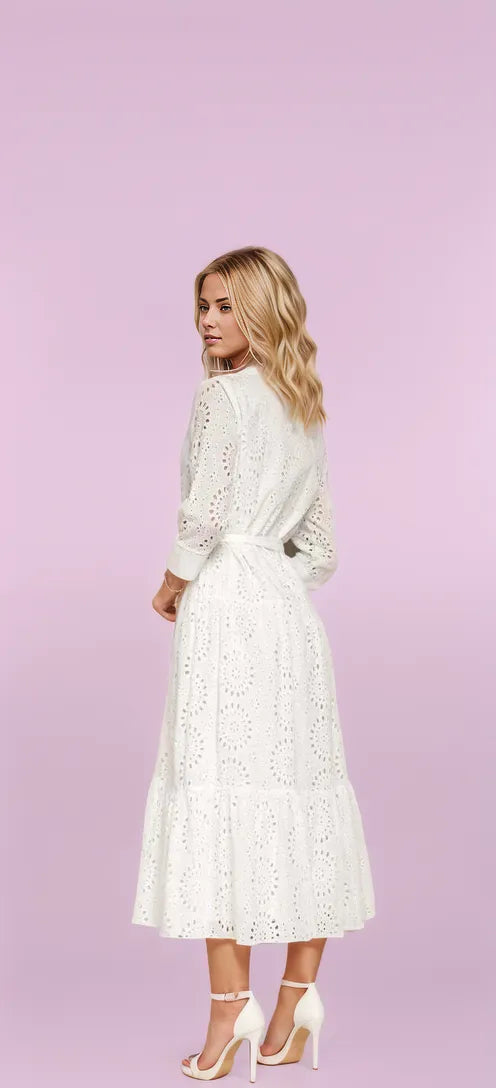 Embroidered White Midi Dress with Long Sleeves