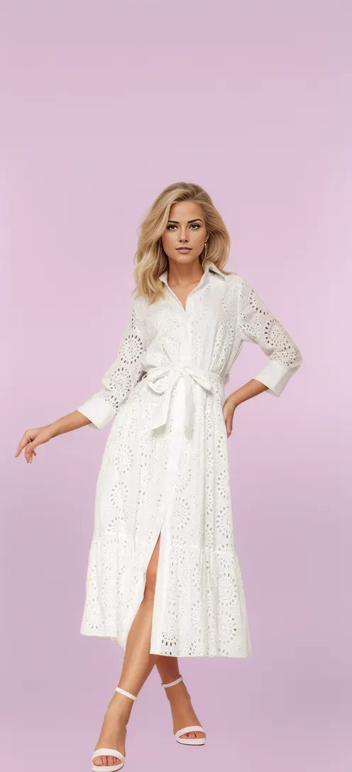 Embroidered White Midi Dress with Long Sleeves