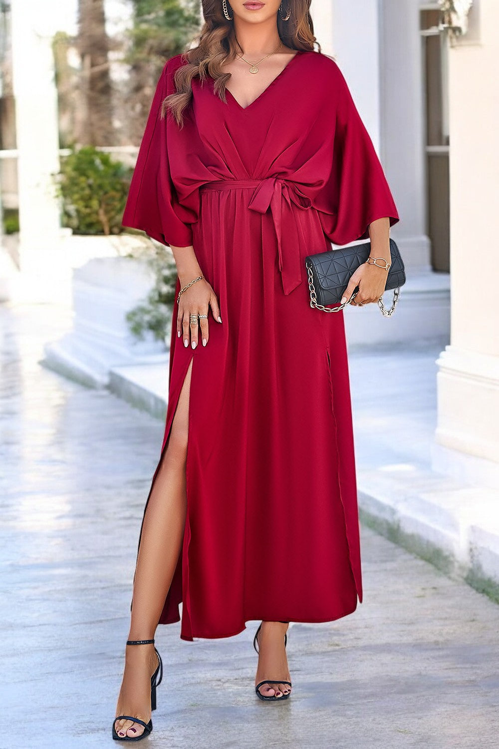 Scarlett | Coastal Chic V-Neck Dress with Slit and Tied Sleeves